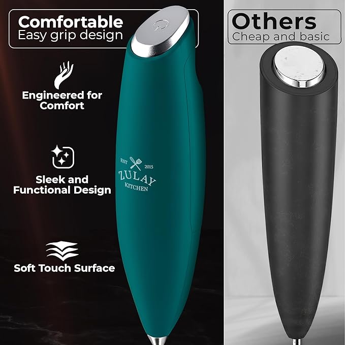 Zulay Kitchen Powerful Milk Frother Wand With Duracell Batteries - Ultra Fast Handheld Drink Mixer - Electric Whisk Foam Maker for Coffee, Lattes, Cappuccino & Matcha - Triple Whisk - Reign Emerald