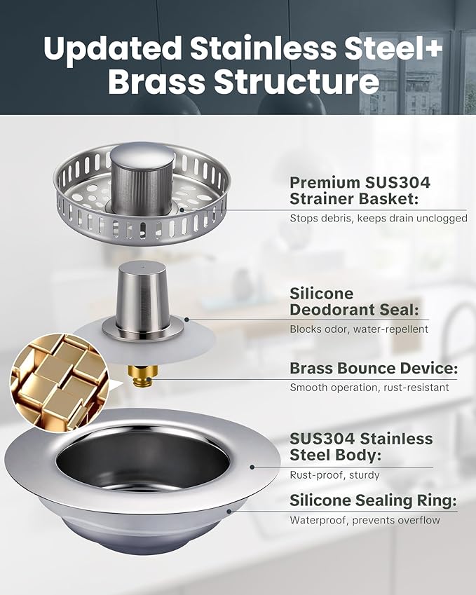 ARCORA Kitchen Sink Drain Strainer: Stainless Steel 3 in 1 Sink Stopper with Anti-Clogging Basket, Kitchen Strainer with Brass Bounce Core for Standard 3-1/2 Inch Drain, Chrome