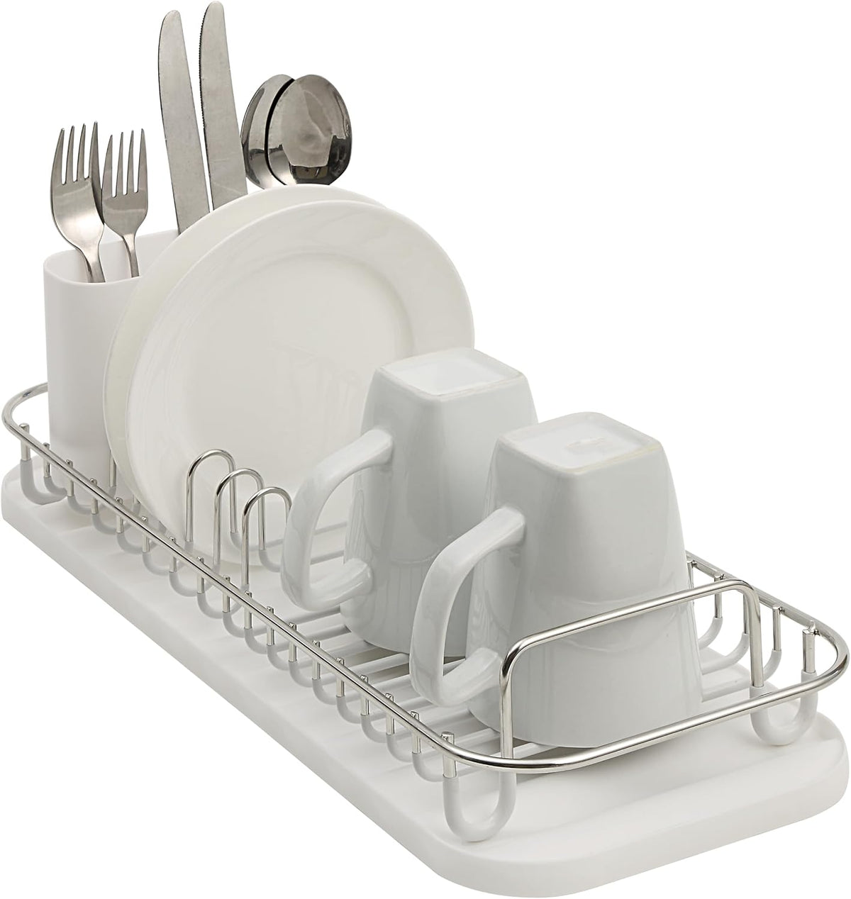 304 Stainless Steel NeverRust Compact Dish Drying Rack with Utensil Holder & Removable Drain Tray, Rustproof Small Dish Rack for Kitchen Countertop or Over Sink (Metallic Silver, Compact)