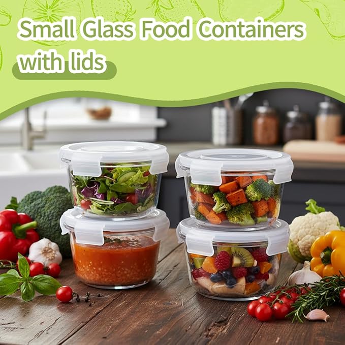 H.JSS WDJS 2 Cup Round Glass Food Storage Containers with Airtight Lids,16oz Round Glass Soup Container, BPA free Small Food Storage Containers for Leftover. Microwave, Freezer, Dishwashe safe-4pack