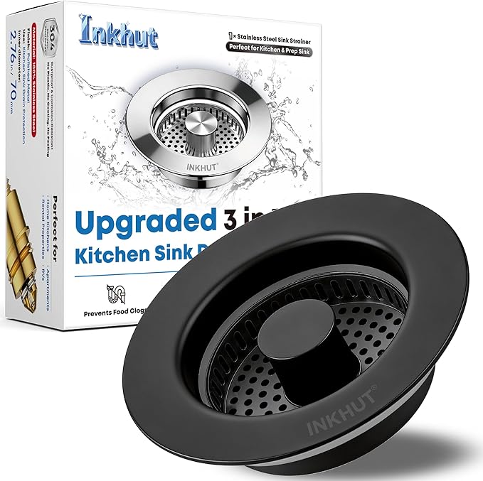 Upgraded 3 in 1 Kitchen Sink Drain Strainer - Stainless Steel Sink Stopper, Anti-Clogging Food Catcher Basket, Sink Bounce Core Drain Strainer Plug for US Standard 3 1/2 inch Drain (Black)