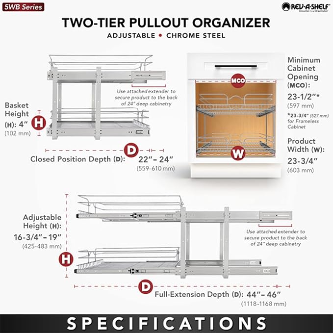 Rev-A-Shelf 2-Tier Pullout Shelf and Drawer Organizer for Kitchen Cabinets, Slide Out Storage Basket, Min Opening Width of 23.5", 24" x 22", 5WB2-2422-CR-1