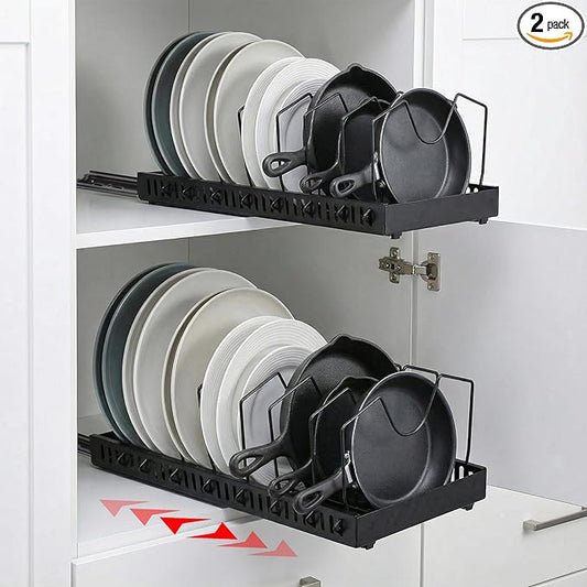 2 Pack Pull-Out Pots and Pans Organizer Under Cabinet, Slide-Out Pot Lid Holder with 8 Adjustable Dividers, No-Drill Adhesive Kitchen Cabinet Storage Rack (Black)