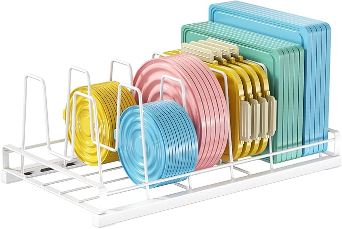 Food Container Lid Organizer, 6 Removable Adjustable Dividers Metal Rack - Storage for Plastic Lids, Pots, Bakeware, Fit for Cabinets, Cupboards, Pantry, Drawers (White)