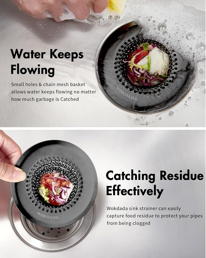 Sink Drain Strainer, Reversible Mesh Sink Strainer with 304 Stainless Steel, Wokdada Revolutionary Anti-Rust Kitchen Sink Drain Strainer for Garbage Disposal Food Catcher (Black)