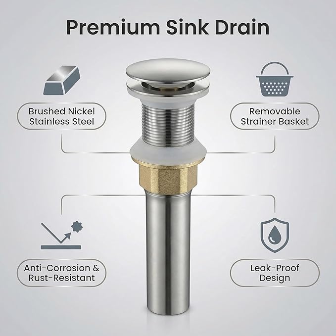 Bathroom Sink Drain, Drain Stopper Bathroom Sink Without Overflow, Assembly with Detachable Strainer Basket, Built in Anti Clogging Pop Up Drain Strainer, Stainless Steel Brushed Nickel 1Pcs