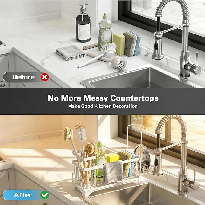 Sponge Holder for Kitchen Sink, Sink Caddy Organizer with Detachable Cloth & Brush Holder, Self-Draining Sponge Caddy Organizer with 360° Rotatable Spout, Kitchen Countertop Storage Accessories(White)