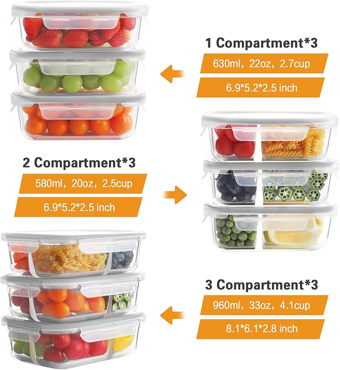 Bayco 9 Pack Glass Meal Prep Containers - 3, 2 & 1 Compartment Glass Food Storage Containers with Lids, Airtight & Leak Proof Lunch Bento Boxes - Grey