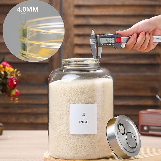 1 Gallon Large Glass Storage Jars with 304 Stainless Steel Airtight Lids Clear Canister Wide Mouth, Exhaust Valves, Labels & Spoons – Set of 2 for Flour, Coffee, Rice & Dry Food Cereal Storage
