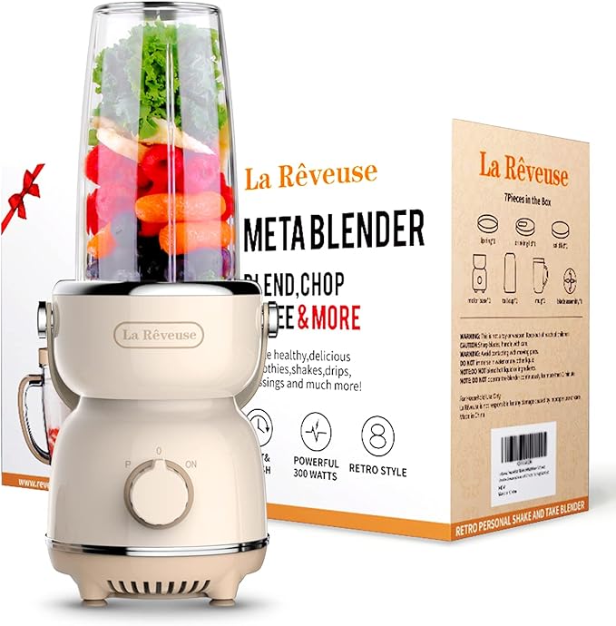 La Reveuse Personal Size Blender 300 Watts for Shakes Smoothies Seasonings Sauces with 17 oz Cup / 10 oz Mug,Retro Style
