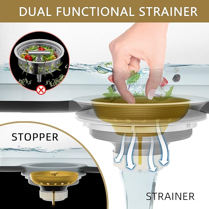 Kitchen Sink Drain Gold Sink Drain Strainer with Fixed Post 3-1/2 Inch Kitchen Drain Assembly with Strainer Basket and Drain Stopper for Standard Kitchen Sink Stainless Steel Brushed Gold