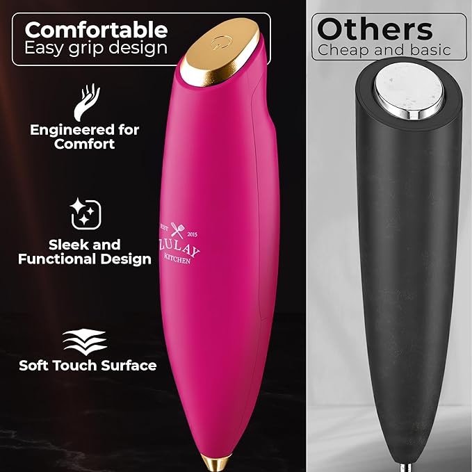 Zulay Kitchen Powerful Milk Frother Wand With Duracell Batteries - Ultra Fast Handheld Drink Mixer - Electric Whisk Foam Maker for Coffee, Lattes, Cappuccino & Matcha - Triple Whisk - Magenta Gold