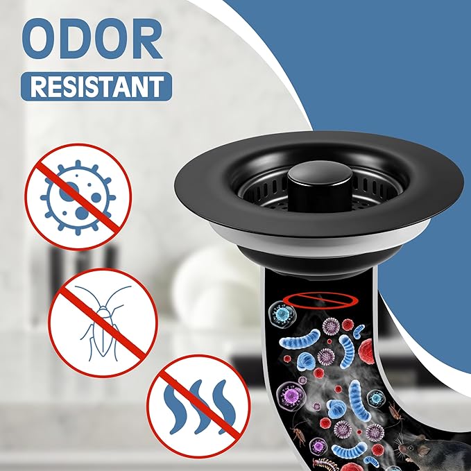 Kitchen Sink Drain Strainer 3 Pack, 304 Stainless Steel Pop Up Sink Stopper, Anti-Clogging Sink Drain Strainer for US Standard Kitchen Drain (Matte Black)