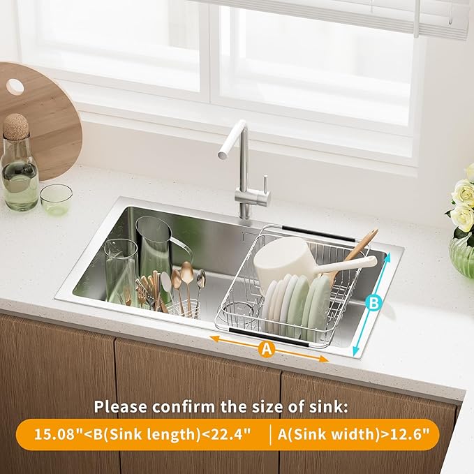 JAQ Over Sink Dish Drying Rack for Medium to Large Sink, Expandable 15.08"–22.4", Adjustable 304 Stainless Steel Dish Drainer with Utensil Holder, Large Capacity Holds Up to 13 Plates