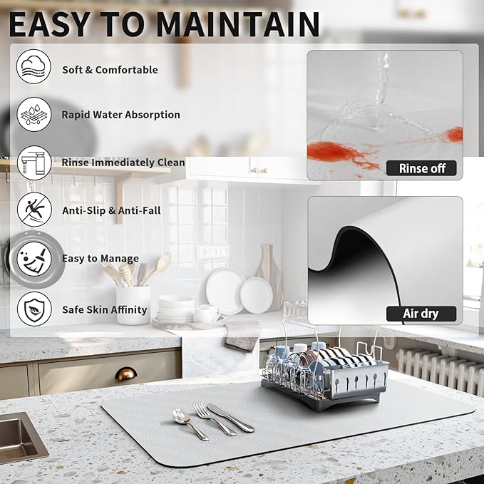 HotLive Dish Drying Mat for Kitchen Counter, Heat Resistant Drainer Mats with Non-slip Rubber Backed, Hide Stain Kitchen Super Absorbent Draining Mat, Easy to Clean Dish Rack Pad, Light Grey 18"x32"