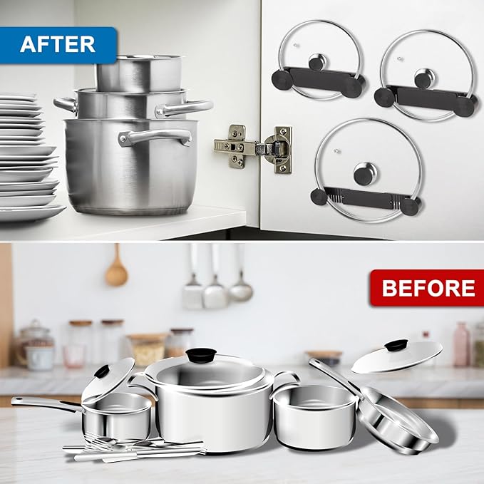 New Upgrade 4 Pack Adjustable Pot Lid Holder, Lid Organizer Fits 6" to 14" Lids