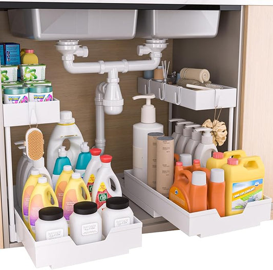SOURCE 2-Tier Under Sink Organizers and Storage 2 Pack Sliding L-shape Under
