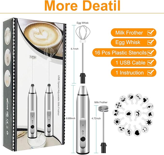 Milk Frother Handheld, Gbivbe Rechargeable Whisk Drink Mixer for Coffee with Art Stencils, Coffee Mixer for Cappuccino, Hot Chocolate Match, Frappe, Hot Chocolate, Egg Whisk