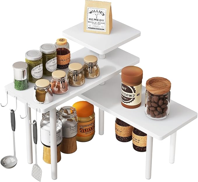 IBUYKE Countertop Organizer,3-Tier Spice Racks,Kitchen Counter Corner Shelf,4 Side Hooks,Adjustable Countertop Shelf for Kitchen, Bathroom, Coffee Bar, Cabinet, Desk,White,TLJ023W