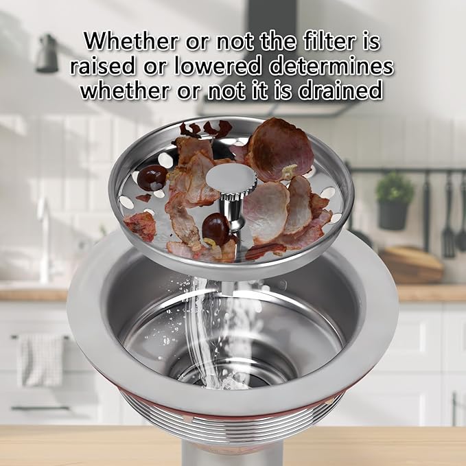 Uni-Green Kitchen Sink Drain Kit for Standard 3-1/2 inch Drain - Fit 1-1/2 inch Pipe - Stainless Steel Basket with Knob - Rubber Stopper Bottom - 3.5" Kitchen Sink Drain Strainer Replacement Kit