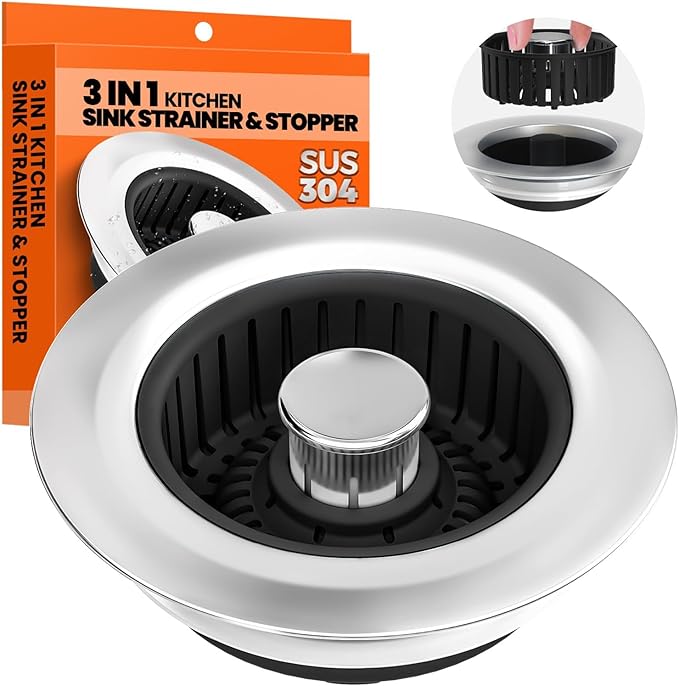3 in 1 Kitchen Sink Drain Strainer & Sink Stopper Upgraded Stainless Steel Drain Plug with Anti-Clog Basket Drain Stopper Combo, Pop Up Sink Stopper for Standard 3-1/2'',Black