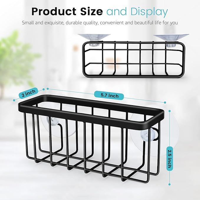 HLOOL Kitchen Sink Sponge Holder, Kitchen Sink Caddy, Sponge Holder for Kitchen Sink Suction, Dish Soap Holder (Black)