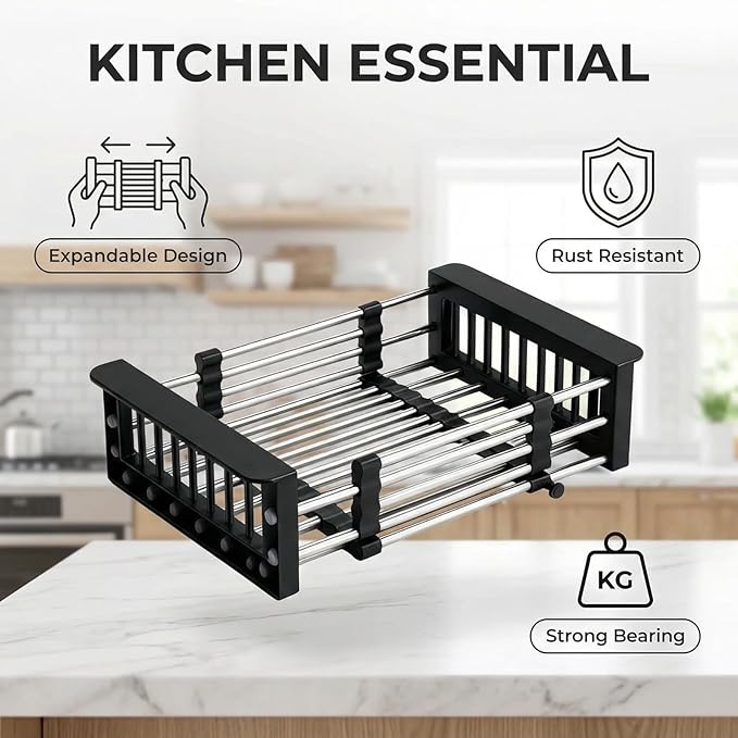 Extend Kitchen Sink Drain Basket, Adjustable Dish Drying Rack with Stainless Steel Drain Basket for Kitchen， Upgraded Retractable Kitchen Sink, (Black, Large)