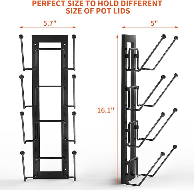 Cisily 8 Layers of Adjustable Pot Lid Organizer Rack for Cabinet Door/Wall，2Pack Lid Organizer Pots and Pans Holder for Kitchen Storage with No Drilling Adhesive 5.7 W“(Black)