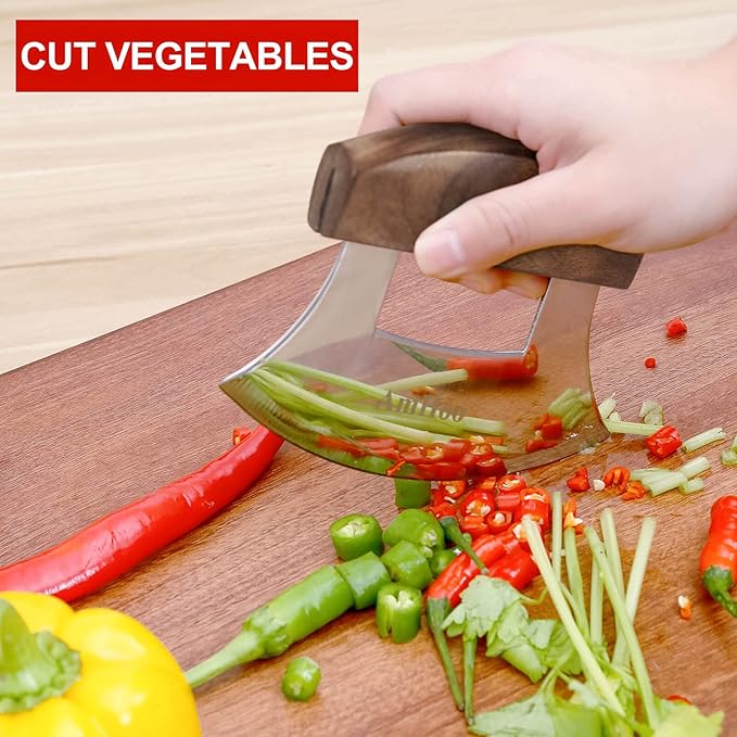 AmHoo Pizza Cutter Chef Mezzaluna Ulu Knife Handle Walnut Wood Grip Sharp Rocker Slicer Stainless Steel Blade Salad Onion Vegetable Chopper with Holder Base Christmas Gifts