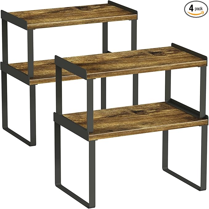 Goozii Kitchen Cabinet Organizers and Storage Shelves, Rustic Farmhouse Desk Shelf Riser for Cabinets, Black Expandable Corner Glasses Medicine Cabinet Organizer under Bathroom Sink - Set of 4