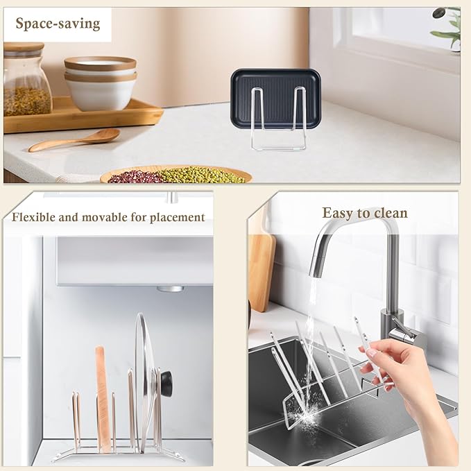Pot Lid Organizer for Cabinet, Cutting Board Organizer and Rack, Stainless Steel Kitchen Storage Rack for Cutting Boards, Lids, and Utensils, Space-Saving Countertop Solution [1-Pack] Silver