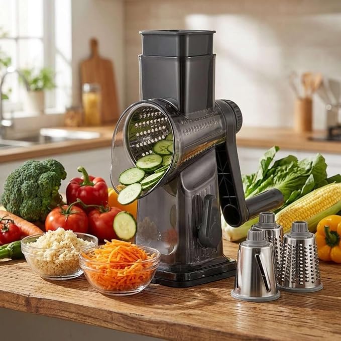 3-in-1 Manual Rotary Cheese Grater & Vegetable Slicer, Round Mandoline Food Chopper with 3 Interchangeable Blades, Strong Suction Base Hand Crank Grater for Cheese, Potato, Nuts & Veggies