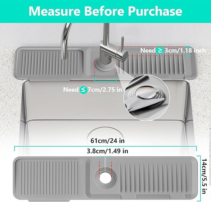 24 Inch Longer Faucet Mat for Kitchen Sink [5° Slope Fast Self-draining]Bathroom Kitchen Sink Splash Guard Silicone Sinks Faucet Mat Splash Guard for Kitchens Sinks Area Tidy Splashs Draining Mats