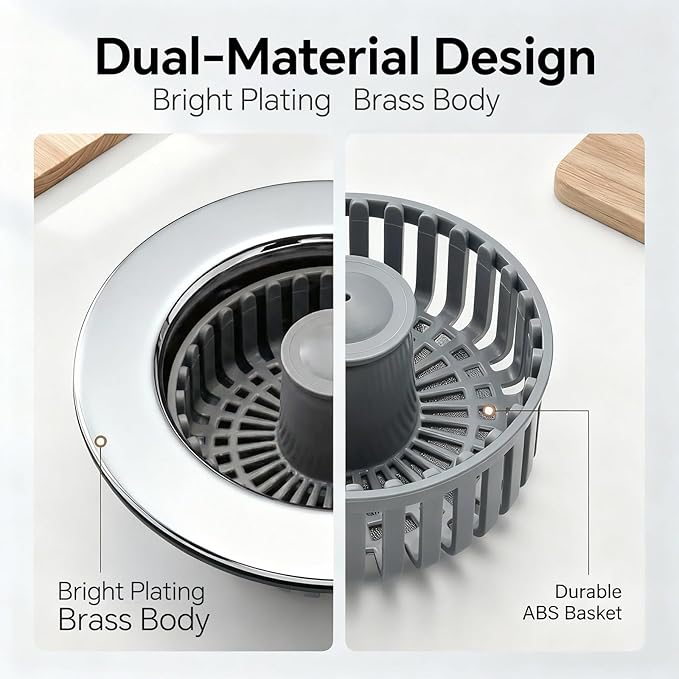 Solid Brass Body 3-in-1 Kitchen Sink Drain Strainer & Stopper, Heavy Duty Pop Up Plug Assembly with 2 Baskets, Anti-Clog Replacement for US Standard 3-1/2 Inch Drains, Rust-Proof Silver