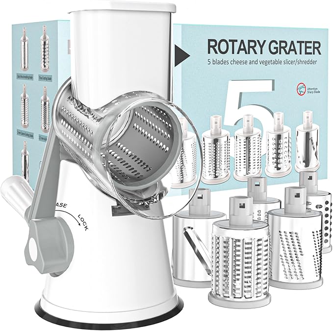 Cambom Rotary Cheese Grater Hand Crank Cheese Shredder for Fresh Cheese, Vegetable, Nuts,Non-slip Suction Base, Five Blades, White