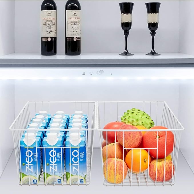 Upright Freezer Organizer Bins， Freezer Baskets for 16, 17, 21 cu.ft Standup Freezer, Wire Storage Baskets with Built-in Handles, 4Pcs , White