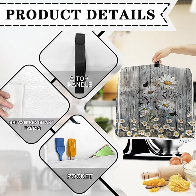Daisy Stand Mixer Cover with Pockets Machine Washable Food Processor Protector Fingerprint Resistant Kitchen Appliance Dust Cover for All Tilt Head and Lift Bowl Model Mixers