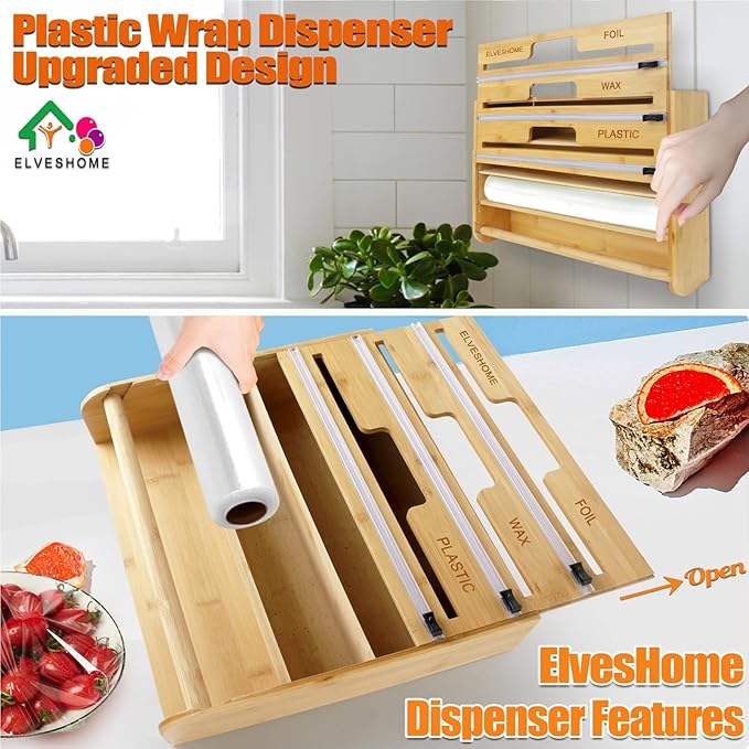 5 in 1 Foil and Plastic Wrap Organizer with Cutter, Plastic Wrap Food Dispenser with Paper Towel Holder for 12 inch Roll Wax Paper Parchment, Wall Mount Aluminum Foil Dispenser for Kitchen Storage
