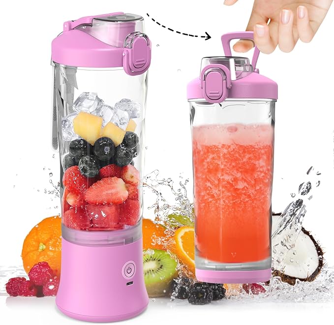 DENOKIN Portable Blender, Shakes and Smoothies Cordless Personal Size Blender 20oz with 6 Blade and a Travel Lid (Purpleish Pink)