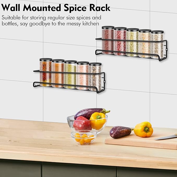 Wall Mounted Spice Rack, Hanging Spice Organizers, Kitchen Condiments Storage for Space Saving (2pcs, Black)