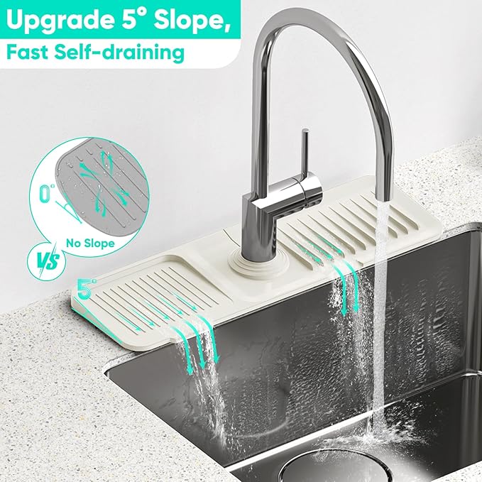 17.7inch Faucet Mat for Kitchen Sink [5°Slope Fast Self-draining] Faucet Mat Kitchen Sink Splash Guard Silicone Sink Splash Guard Kitchen Sink Area Tidy Splash Faucet Guard Draining Mat-Beige