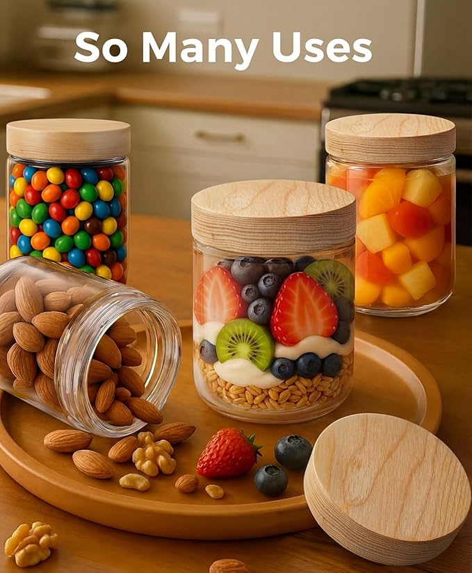 16oz 4 Pack Overnight Oats Containers with Lids, Glass Mason Jars with Ashwood Wood Airtight Lids, Wide Mouth Meal Prep Storage Jars for Yogurt, Chia Pudding, Salad, Snacks, Spice