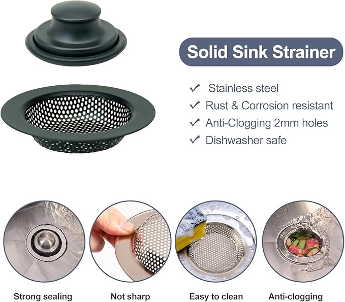 RQYEKDO Kitchen Sink Strainers Sink Stopper Kits, Stainless Steel Sink Drain Strainer Set, Large Wide Rim 4.5" Diameter Food Catcher Garbage Disposal Plug for Most Sink Drains Basket Filter(Black)