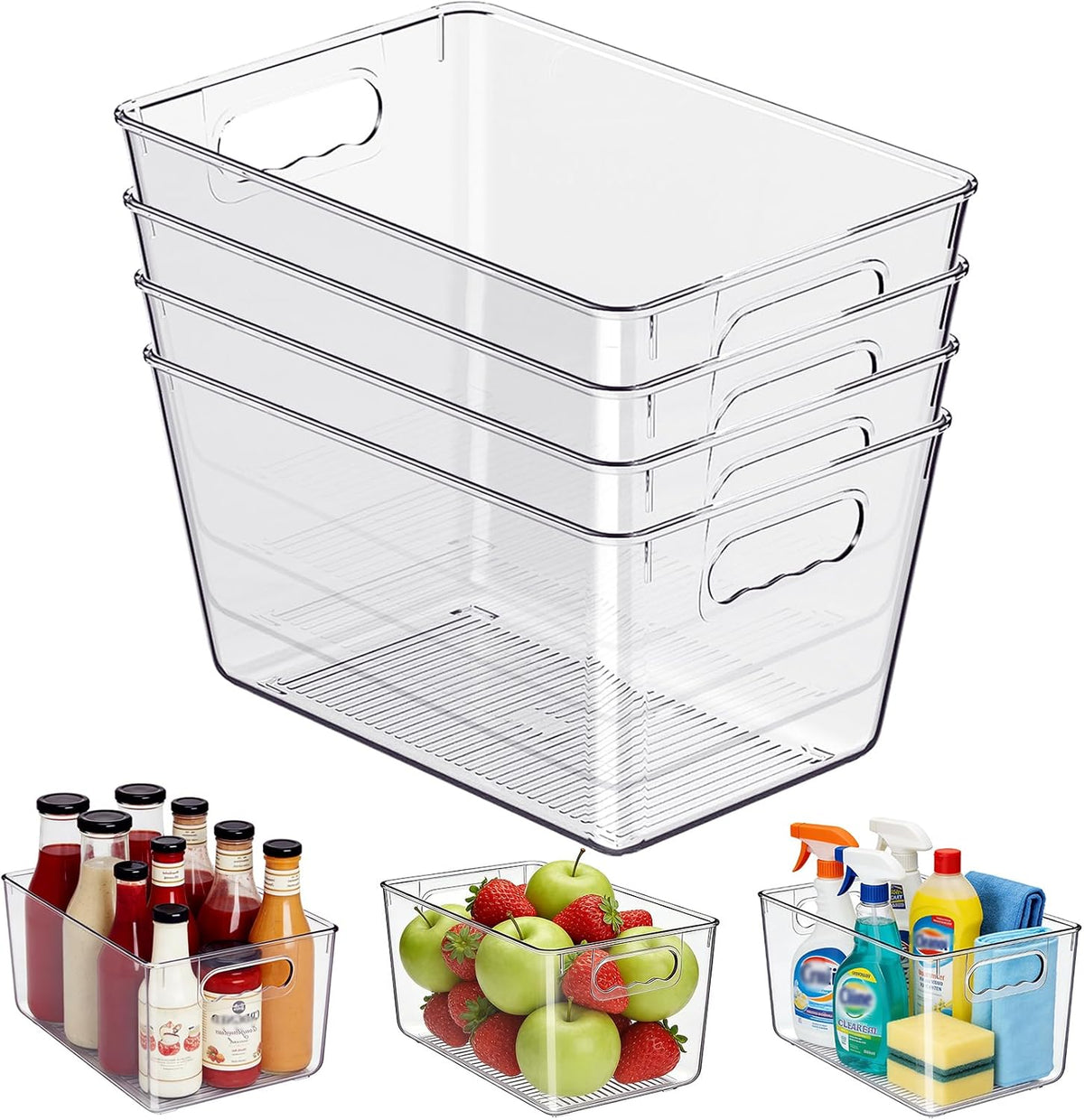 Clear Fridge Organizer Bins with Handles, 4 Pack Large 11.5×7.5×6 Inch
