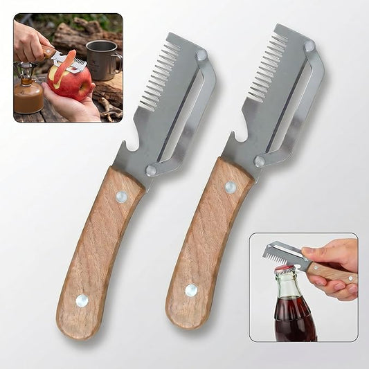3 in 1 Multifunction Vegetable Peeler + Bottle Opener + Grater with Wooden Handle, Stainless Steel Hand Held Peeler for Potato, Pumpkin, Carrot, Fruit and Vegetable Peeler for Kitchen 2 Pcs