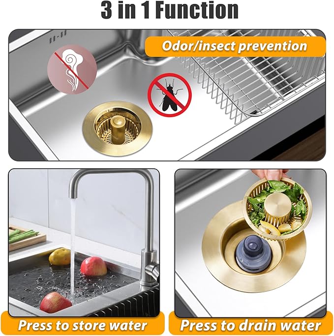 Anlige Kitchen Sink Drain Strainer, 3 in 1 Pop Up Kitchen Sink Stopper, with an Extra Basket Strainer, Universal for US Standard 3-1/2 Inch, Brushed Gold