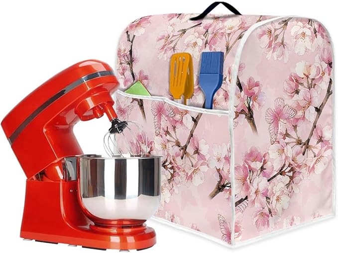 Elegant Cherry Blossom Butterfly Mixer Cover Oil-Resistant Machine Washable Dust Cover for 6-8 Qt Stand Mixers with Handle & Pocket Reusable Kitchen Appliance Protector