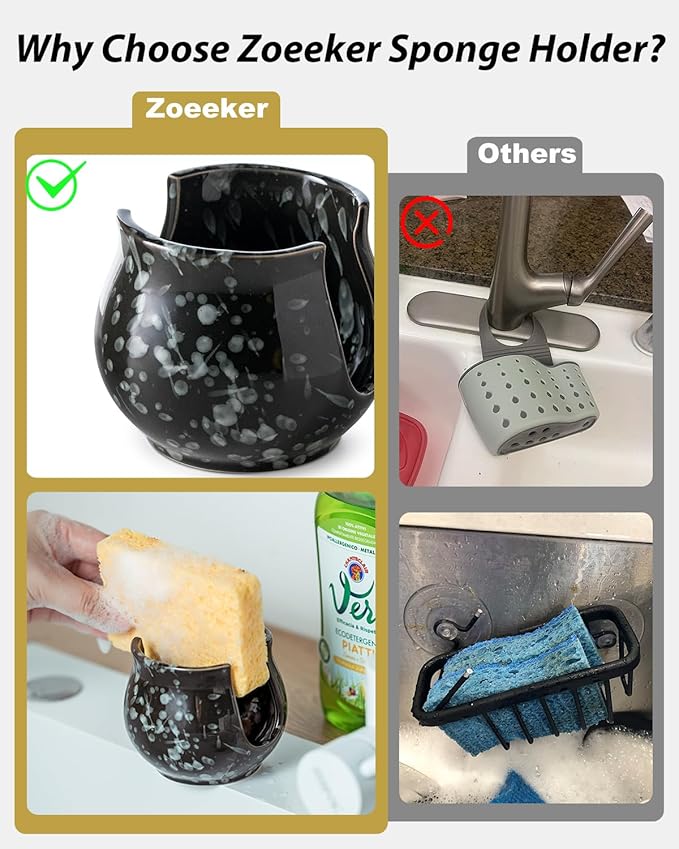 Zoeeker Kitchen Sponge Holder, Ceramic Dish Sponge Holder Kithen Sink Organizer Farmhouse Brush Holder Dish Rack for Bathroom, Kitchen, Sink, Black