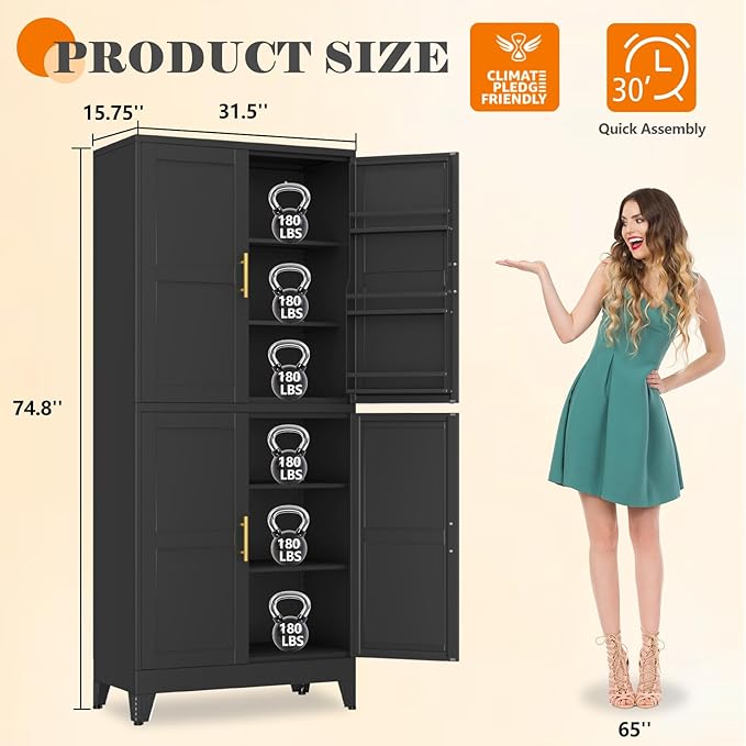 GAIOUS 74.8" Tall Metal Food Cabinet, Black Kitchen Pantry Cabinet, Storage Cabinets with 4 Door and 4 Adjustable Shelves, Steel Freestanding Cupboard for Kitchen Dining Room Living Room Bathroom