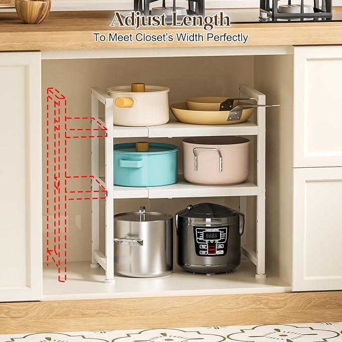 2-Tier Expandable Kitchen Storage Shelf,150LBS Heavy Duty Metal Shelving Units For Small Appliance,Adjustable Pots and Pans Organizer Rack Shelves For Kitchen Counter Under Cabinet Garage Pantry,White